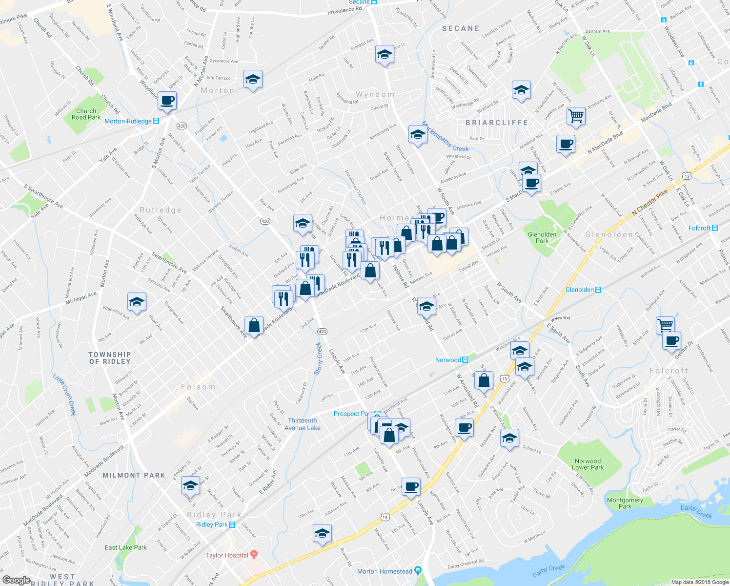 map of restaurants, bars, coffee shops, grocery stores, and more near 200 Amosland Road in Holmes