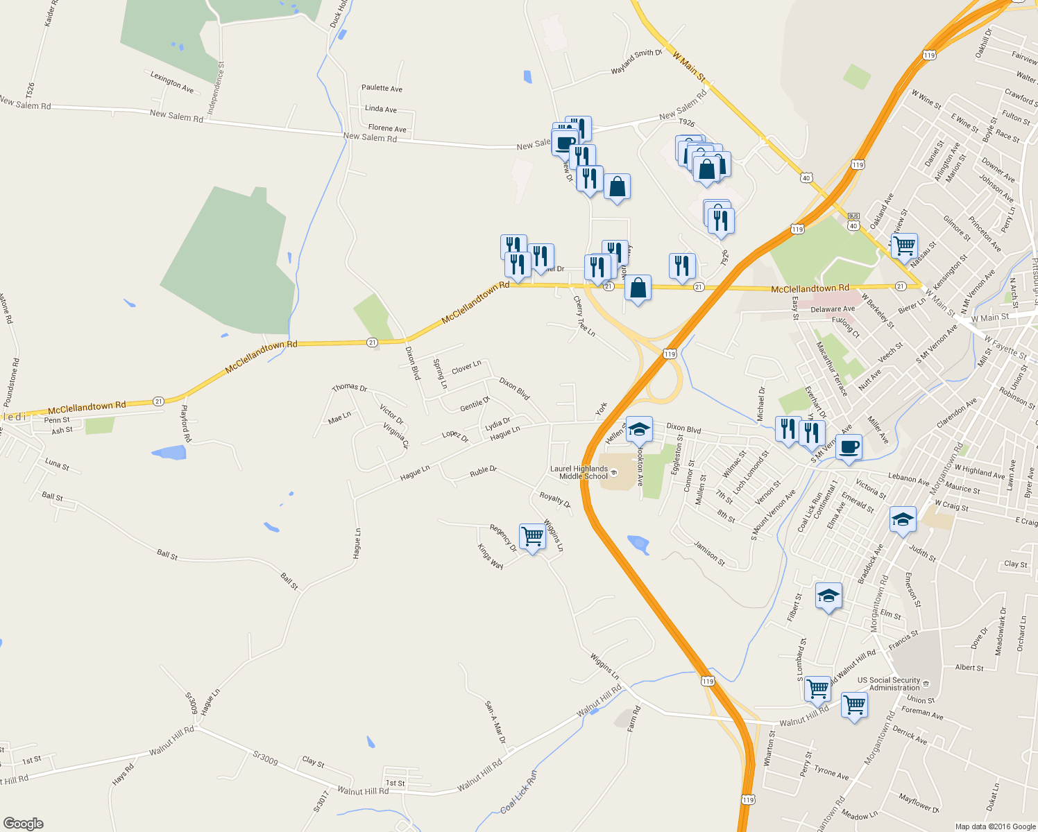 map of restaurants, bars, coffee shops, grocery stores, and more near 3 Gentile Drive in Uniontown
