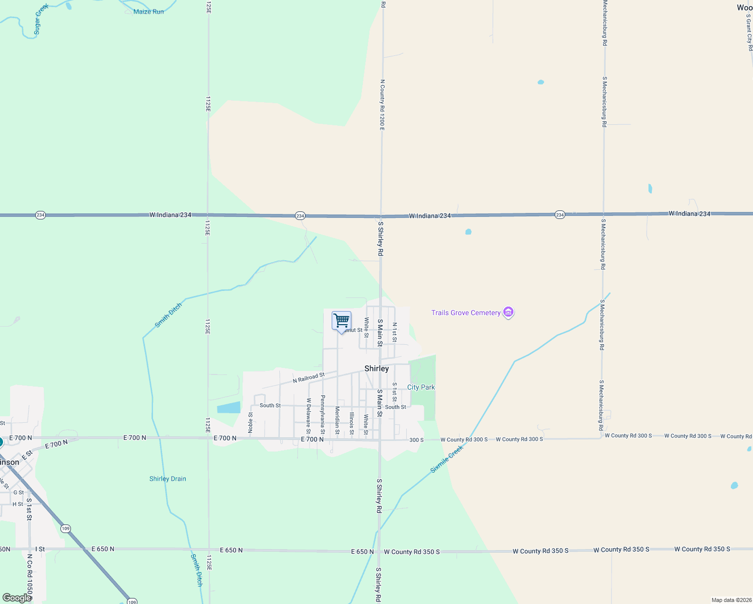map of restaurants, bars, coffee shops, grocery stores, and more near 7604 North Co Road 1200 East in Shirley