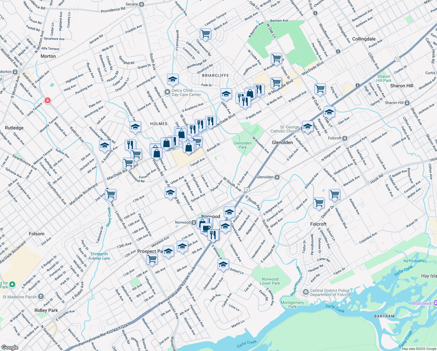 map of restaurants, bars, coffee shops, grocery stores, and more near 7 Sparks Circle in Glenolden