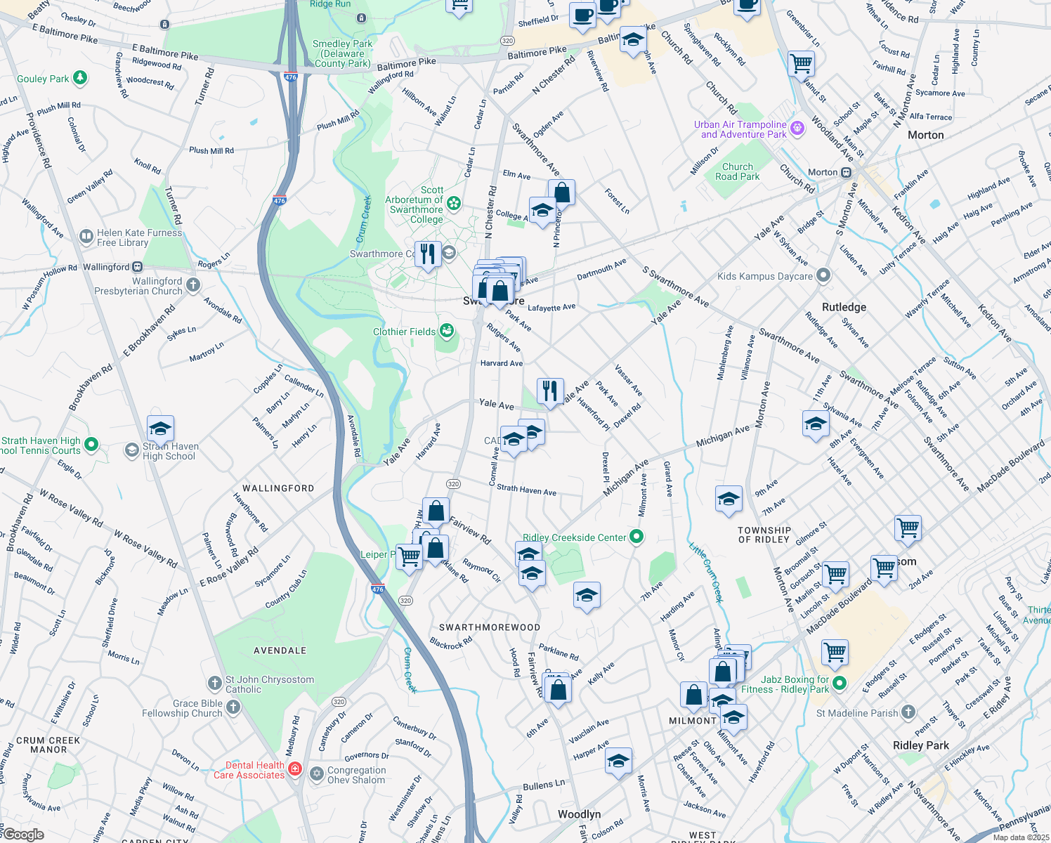 map of restaurants, bars, coffee shops, grocery stores, and more near 305 Rutgers Avenue in Swarthmore