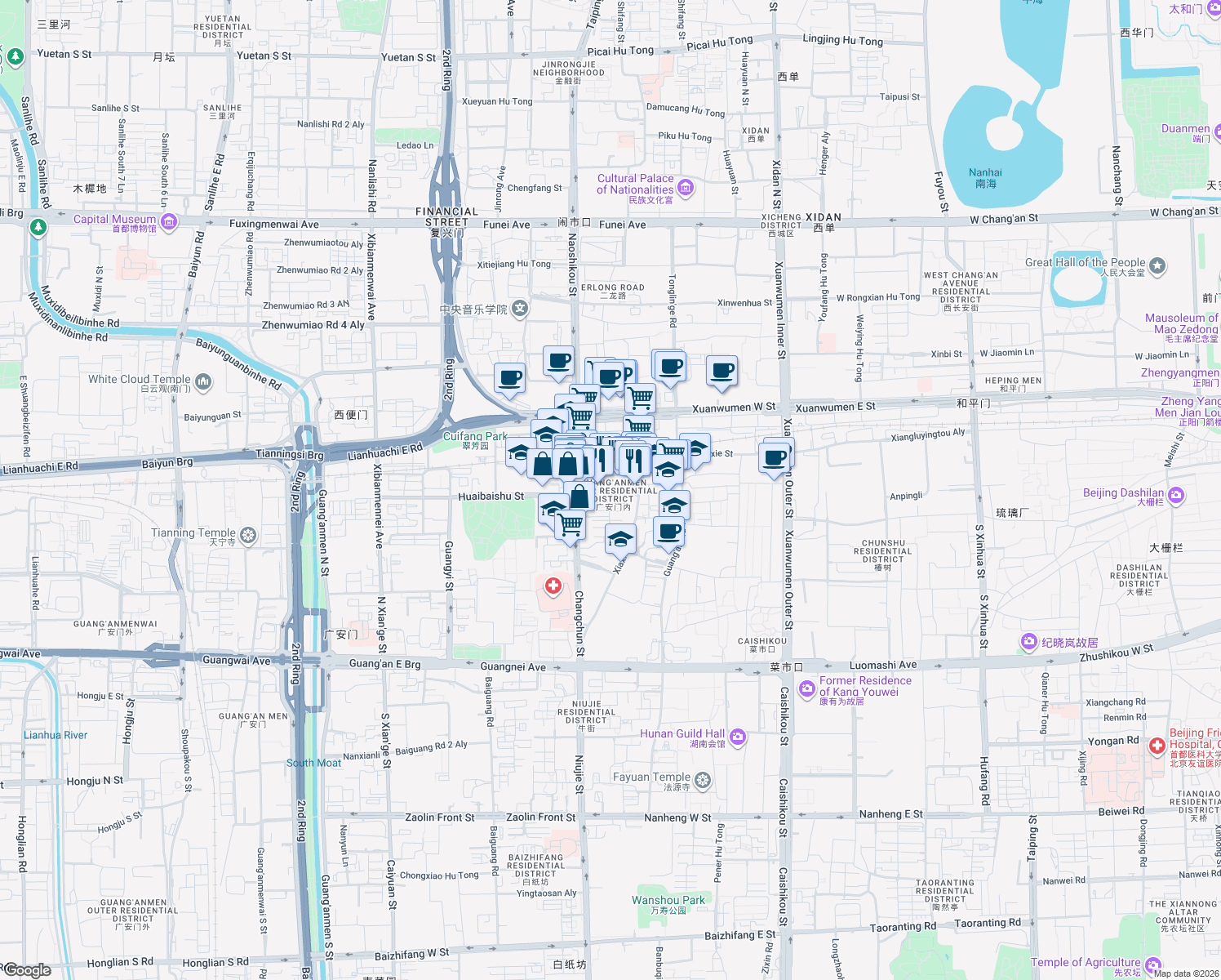 map of restaurants, bars, coffee shops, grocery stores, and more near Sanmiao Street in Beijing