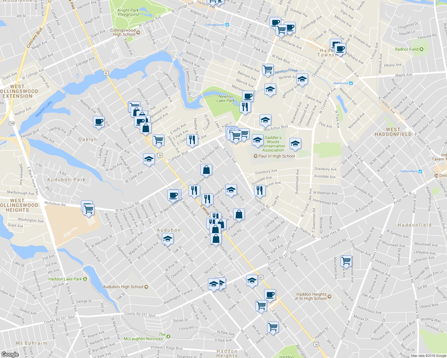 map of restaurants, bars, coffee shops, grocery stores, and more near 140 South Davis Avenue in Audubon