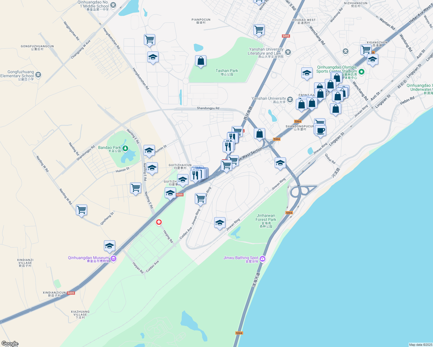 map of restaurants, bars, coffee shops, grocery stores, and more near He Bei Da Jie Xi Duan in Qin Huang Dao Shi
