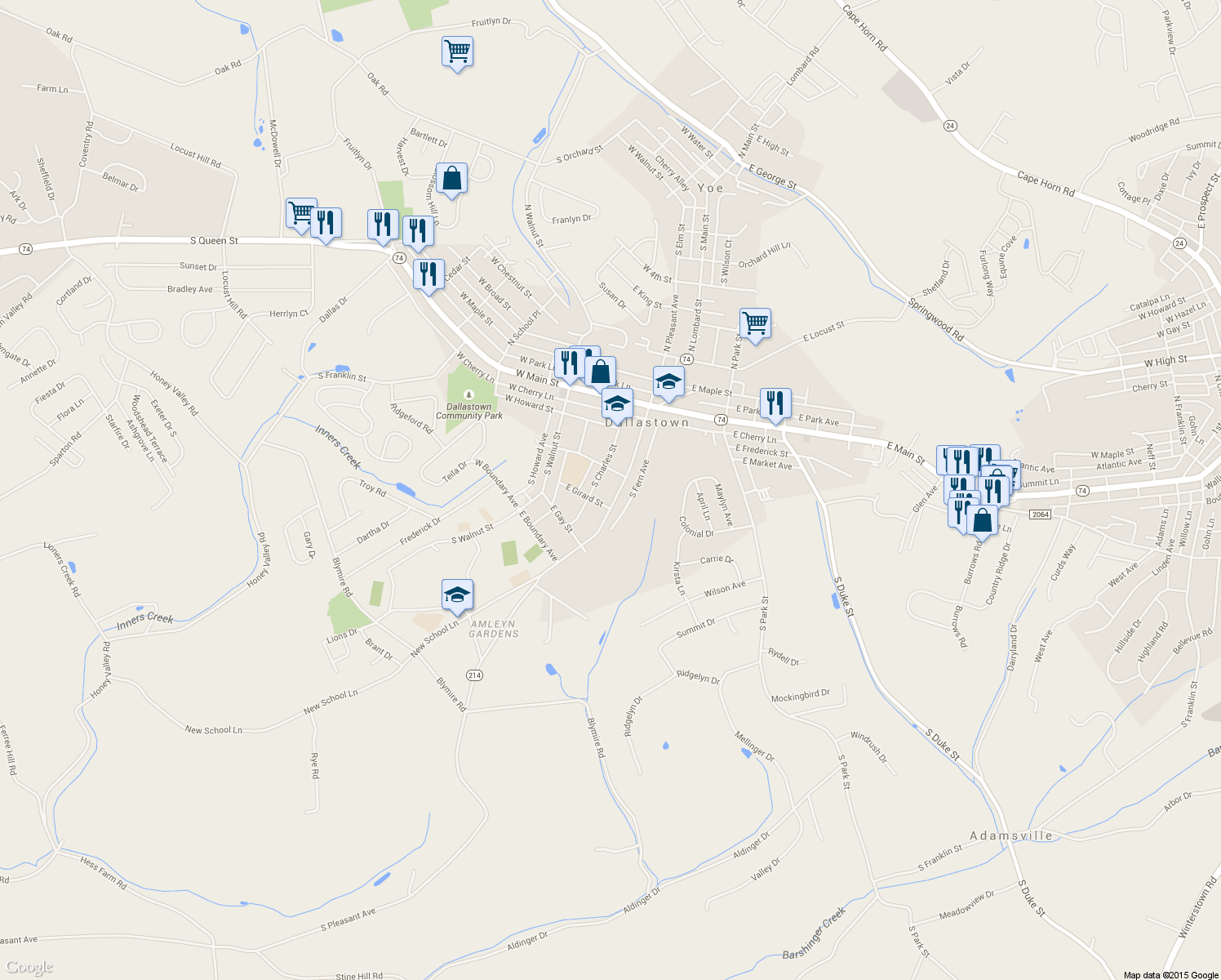map of restaurants, bars, coffee shops, grocery stores, and more near 248 South Pleasant Avenue in Dallastown