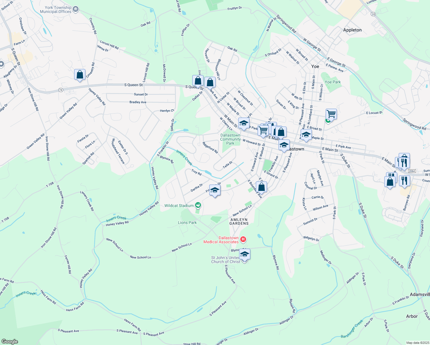 map of restaurants, bars, coffee shops, grocery stores, and more near 136 Teila Drive in Dallastown