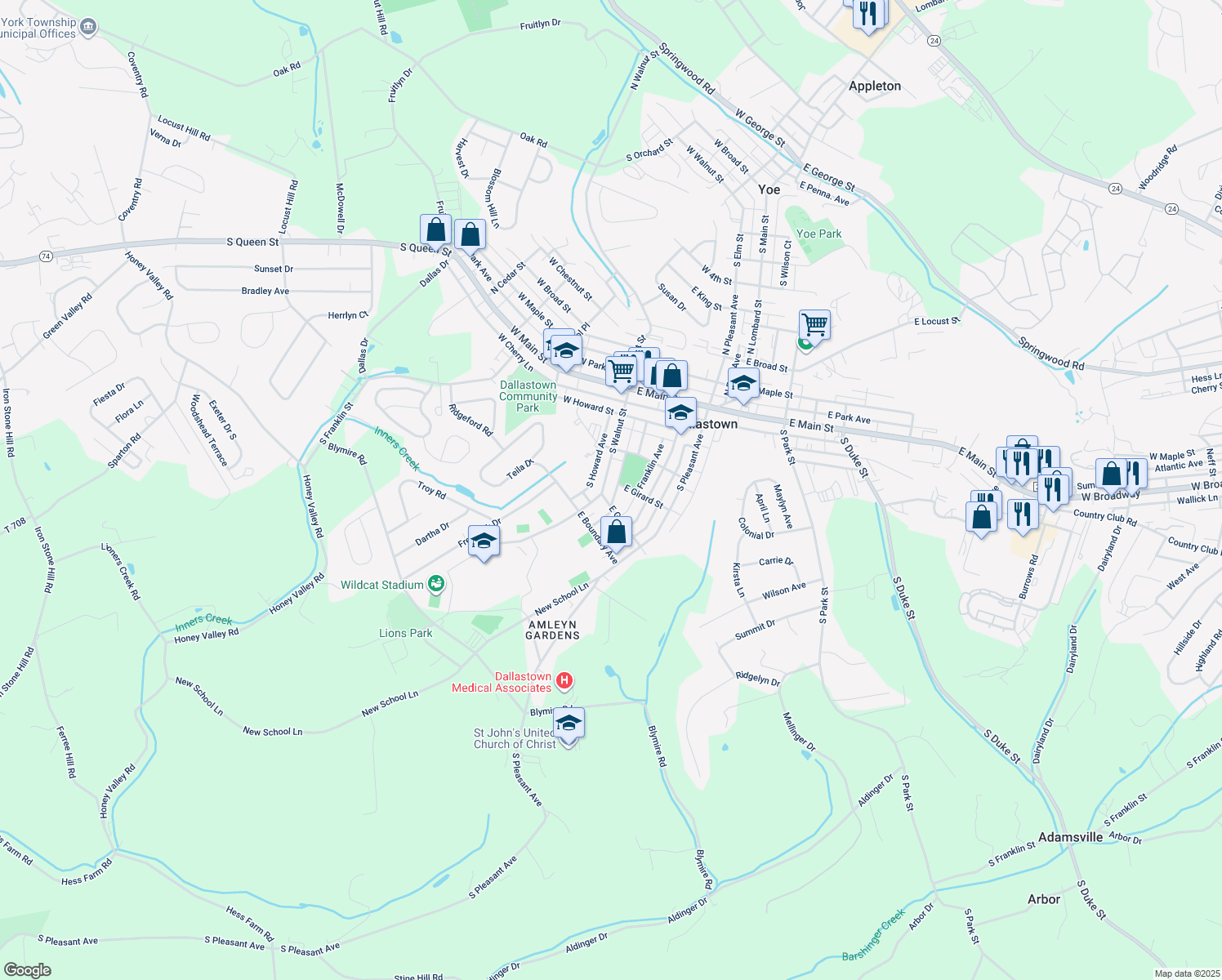 map of restaurants, bars, coffee shops, grocery stores, and more near 269 S Walnut St in Dallastown