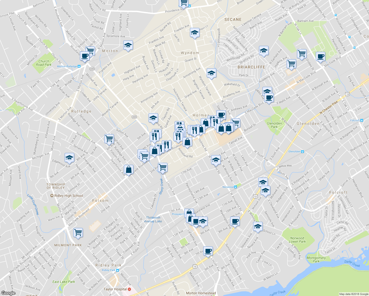 map of restaurants, bars, coffee shops, grocery stores, and more near 217 Stanbridge Road in Holmes