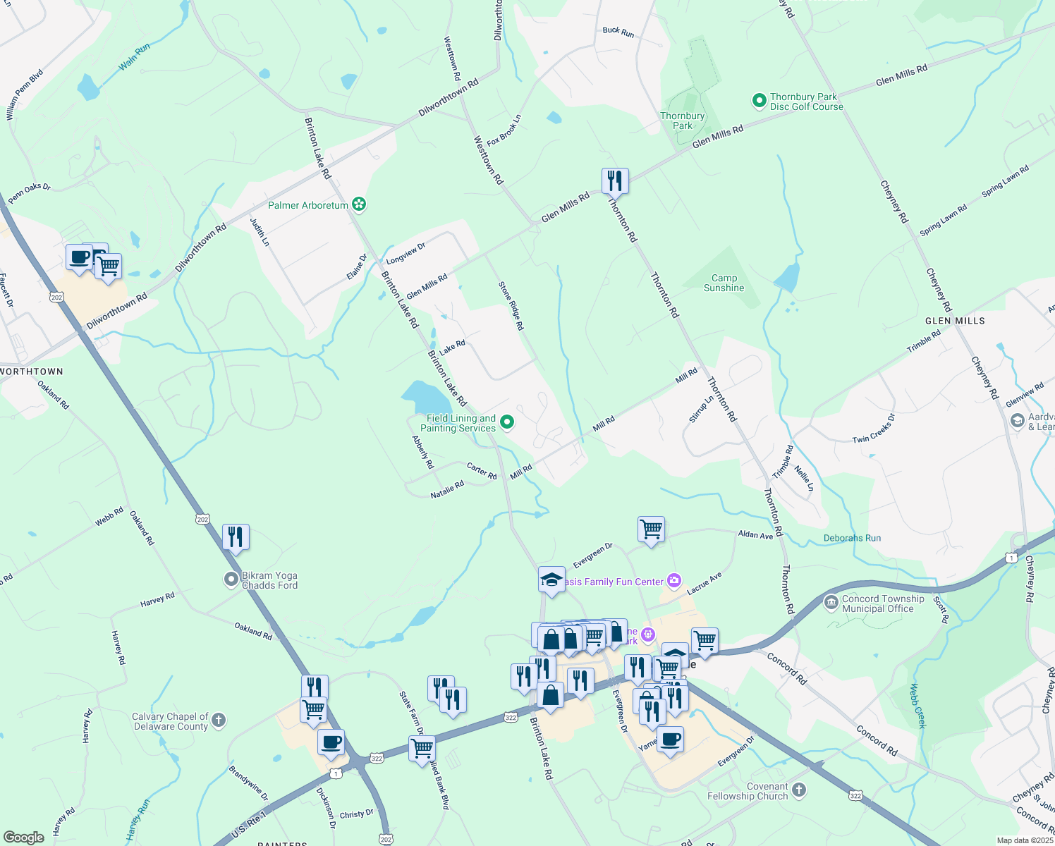 map of restaurants, bars, coffee shops, grocery stores, and more near 4 Stone Barn Lane in Thornton