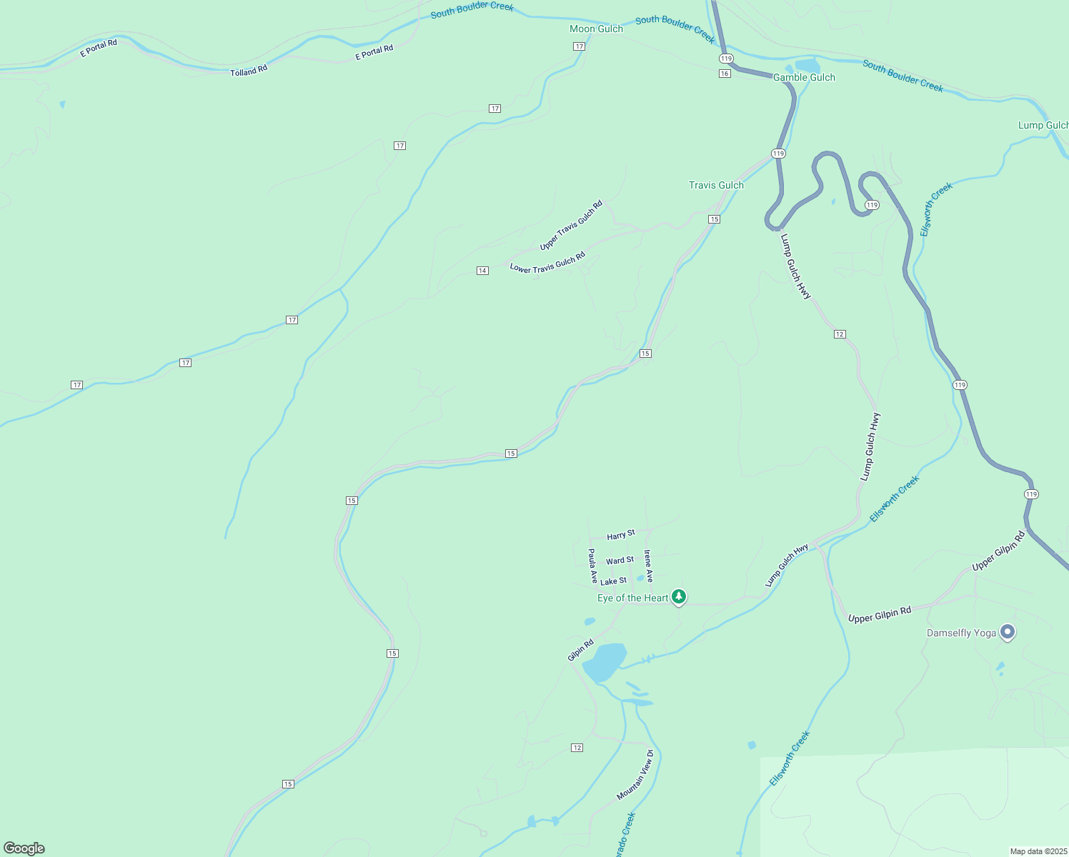 map of restaurants, bars, coffee shops, grocery stores, and more near 3549 Gamble Gulch Road in Black Hawk