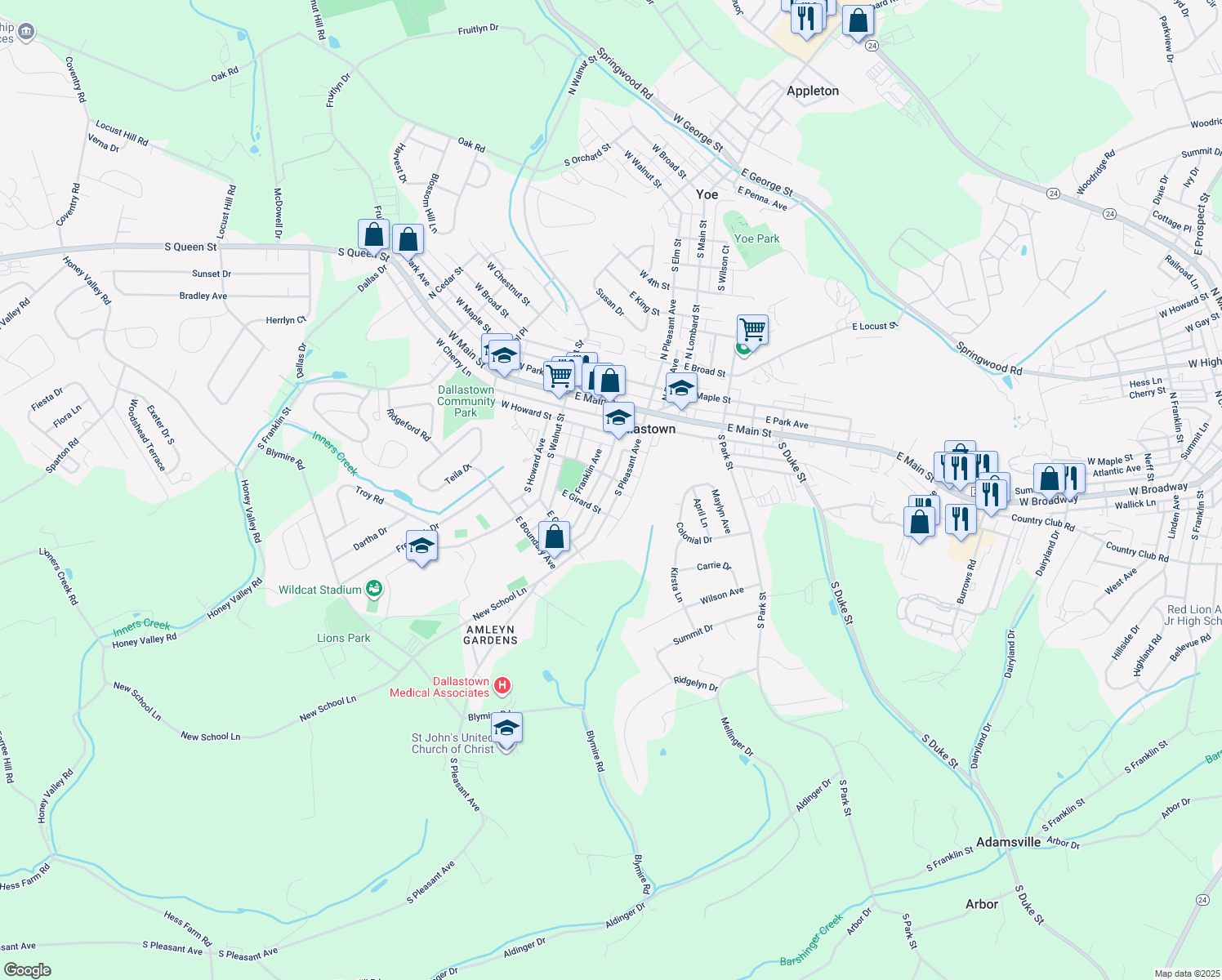 map of restaurants, bars, coffee shops, grocery stores, and more near 234 South Pleasant Avenue in Dallastown