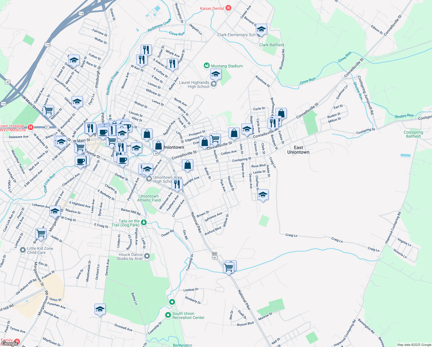 map of restaurants, bars, coffee shops, grocery stores, and more near 138 Searight Avenue in Uniontown