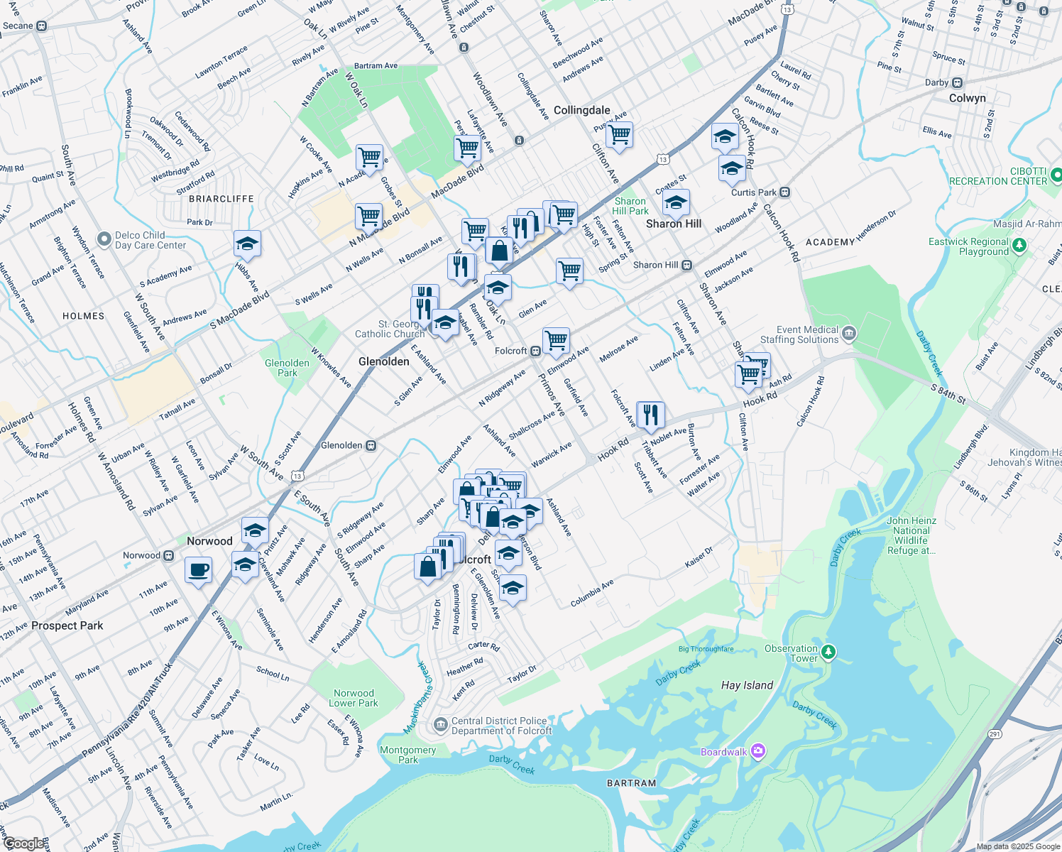 map of restaurants, bars, coffee shops, grocery stores, and more near 501 Charmont Avenue in Folcroft