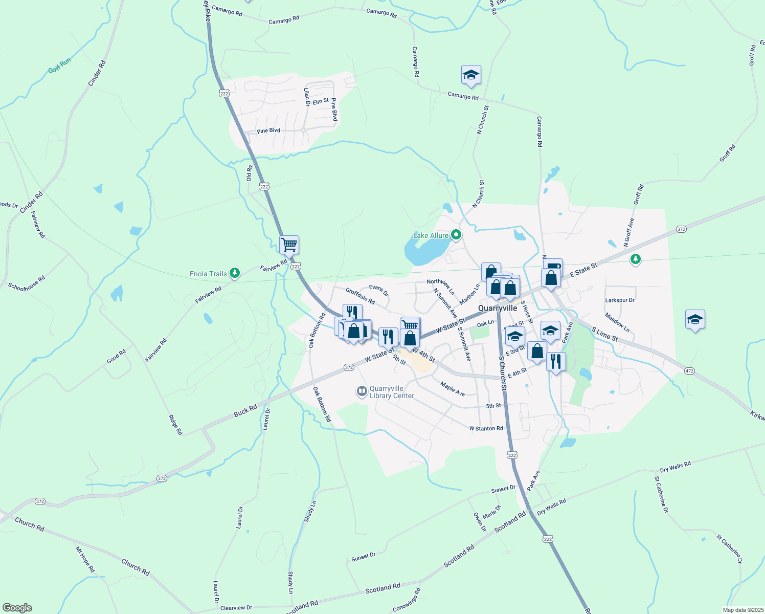 map of restaurants, bars, coffee shops, grocery stores, and more near 419 Groffdale Road in Quarryville
