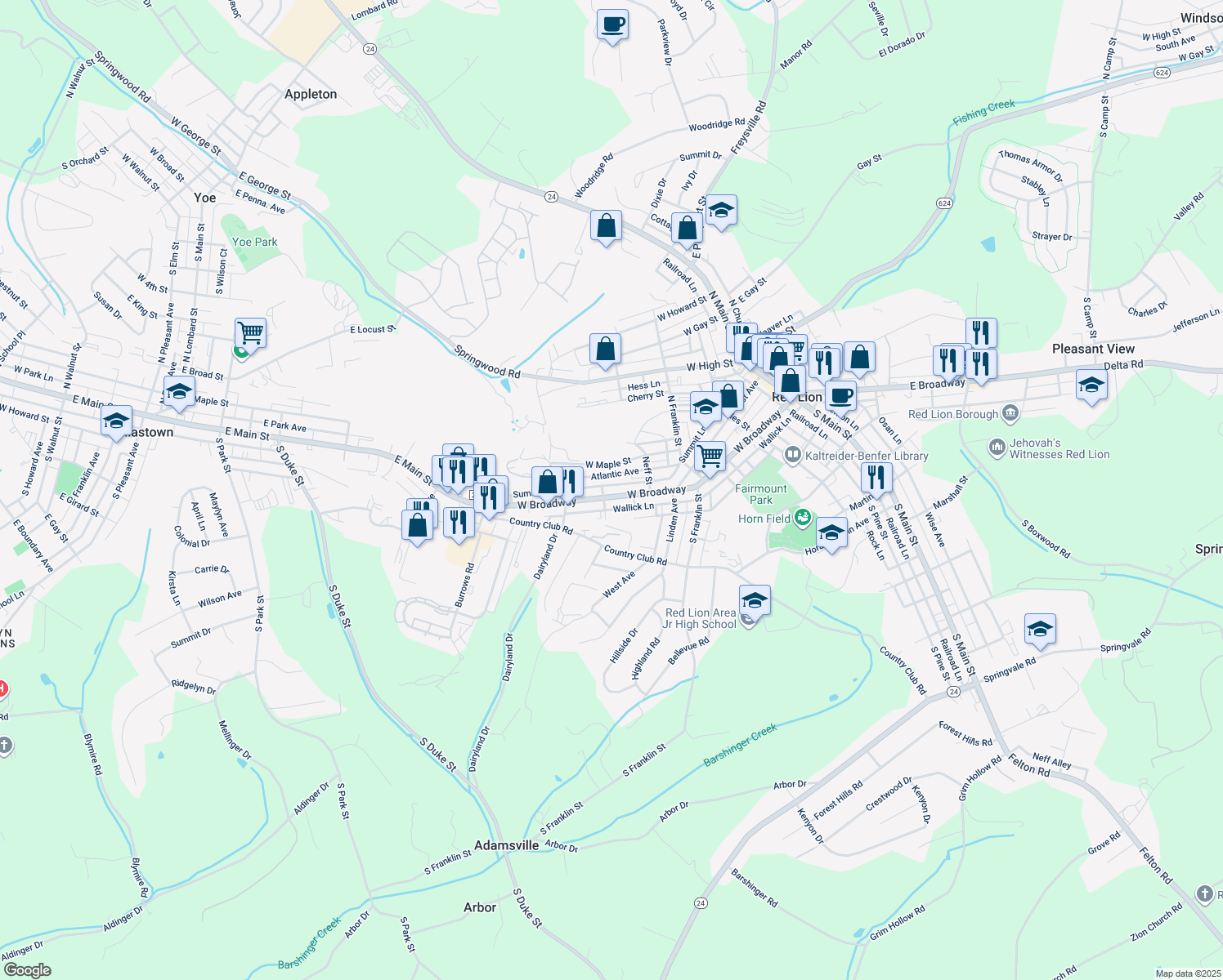 map of restaurants, bars, coffee shops, grocery stores, and more near 665 W Broadway in Red Lion