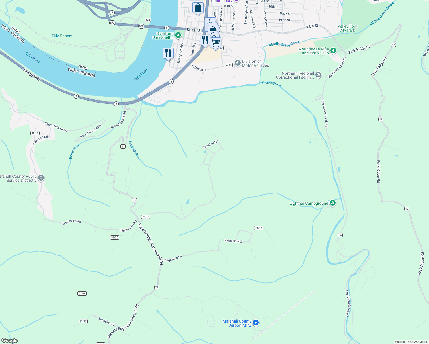 map of restaurants, bars, coffee shops, grocery stores, and more near 379 County Highway 21/18 in Moundsville