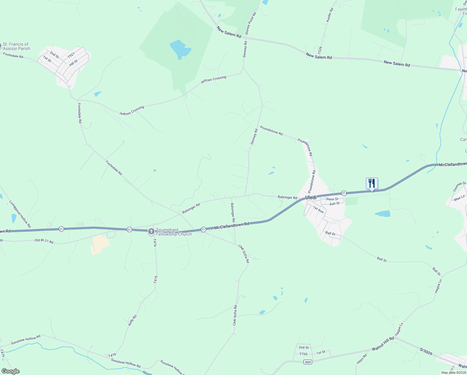 map of restaurants, bars, coffee shops, grocery stores, and more near 326 Denney Rd in Uniontown