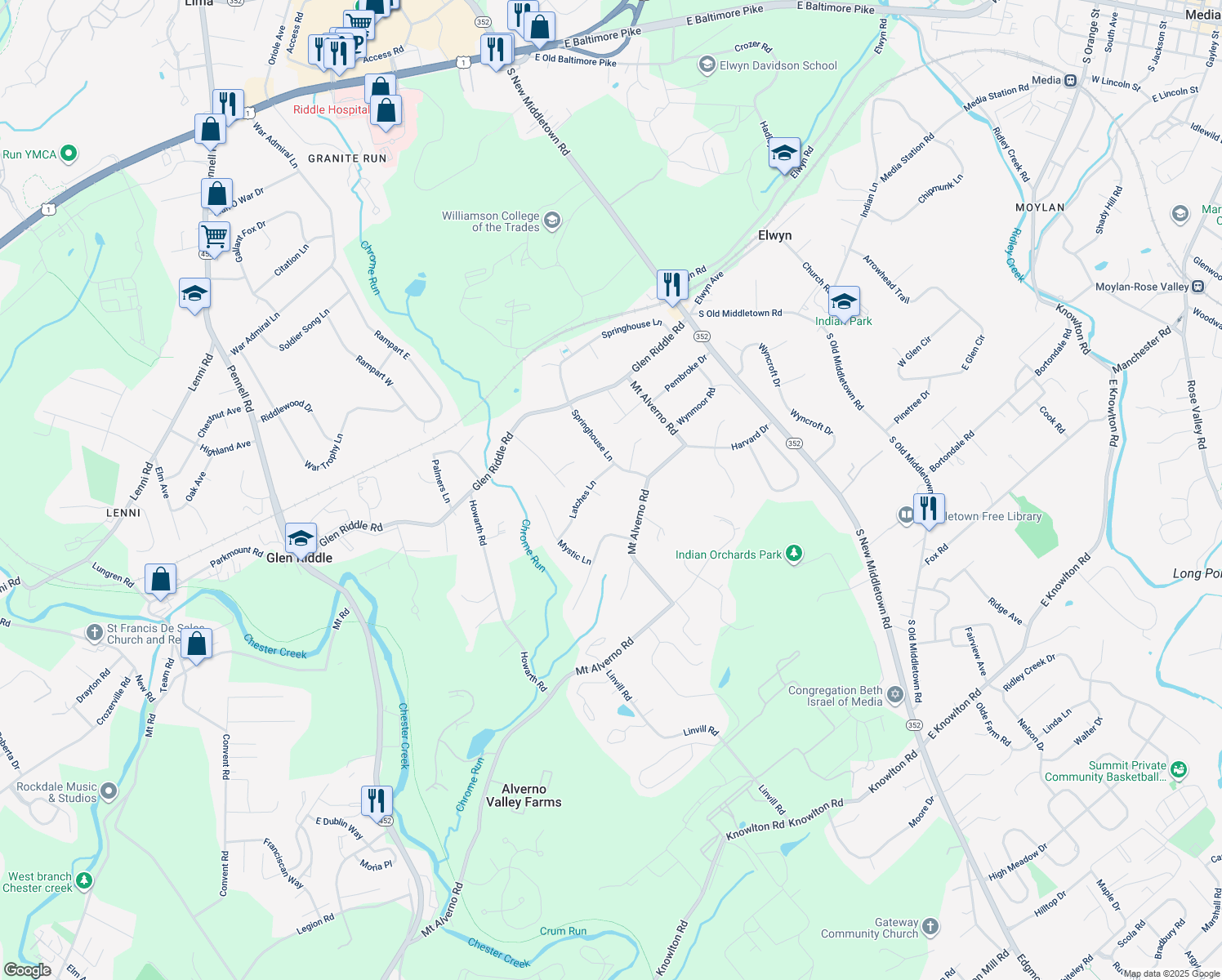 map of restaurants, bars, coffee shops, grocery stores, and more near 1 Briarwood Lane in Media
