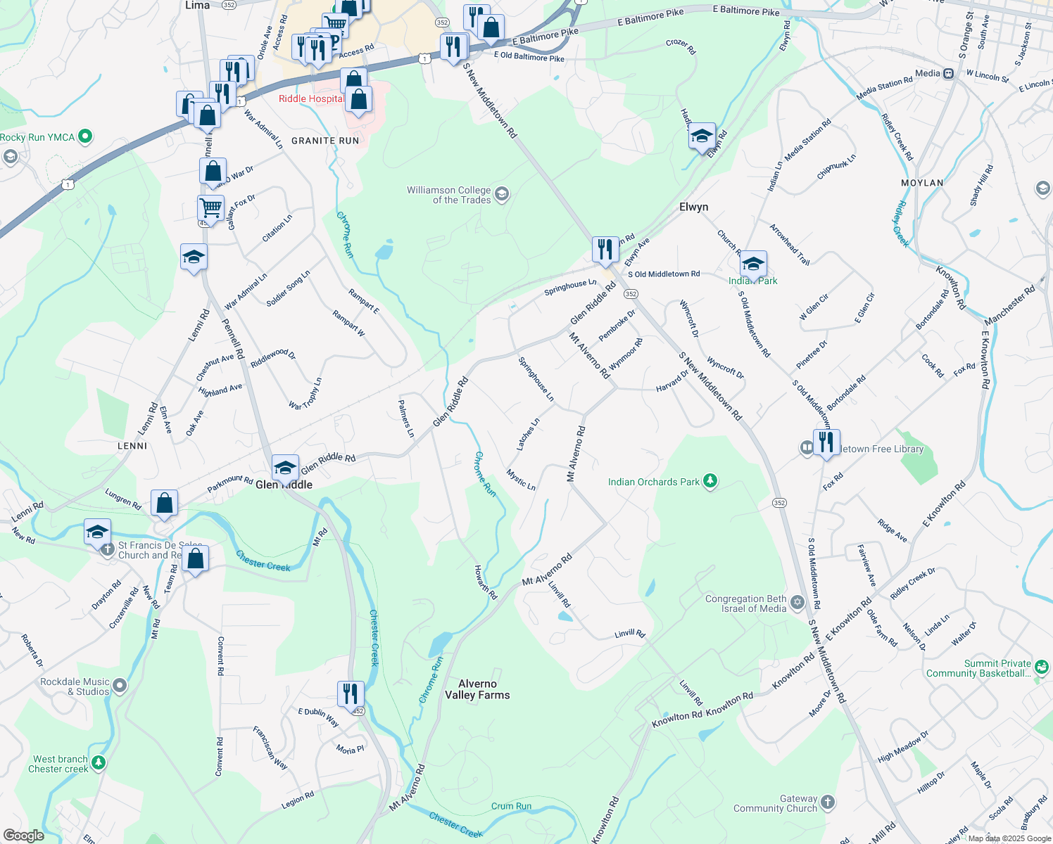 map of restaurants, bars, coffee shops, grocery stores, and more near 137 Latches Lane in Media