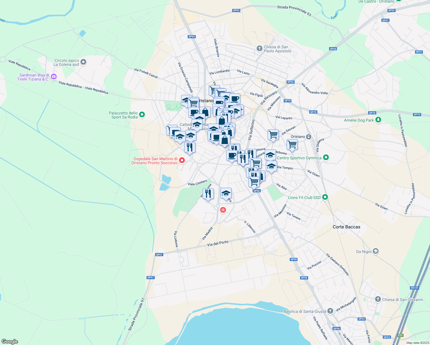 map of restaurants, bars, coffee shops, grocery stores, and more near 11 Viale Cimitero in Oristano