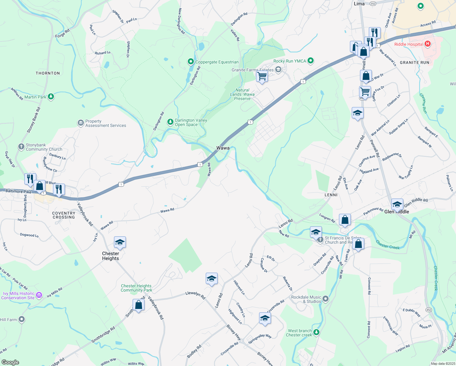 map of restaurants, bars, coffee shops, grocery stores, and more near 526 Station Road in Media
