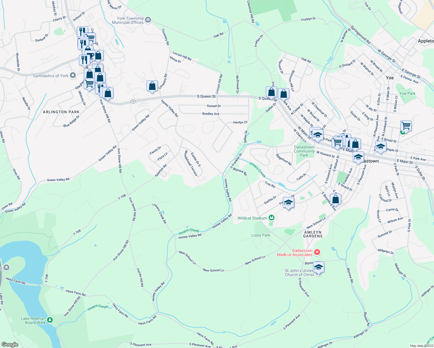 map of restaurants, bars, coffee shops, grocery stores, and more near 2984 Honey Valley Road in Dallastown