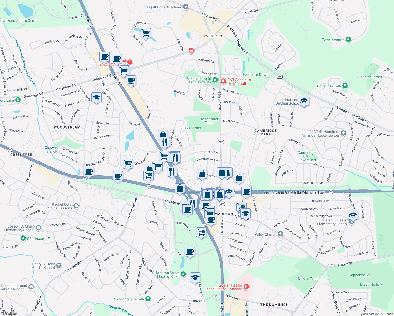 map of restaurants, bars, coffee shops, grocery stores, and more near 125 Westminster Ave in Evesham Township