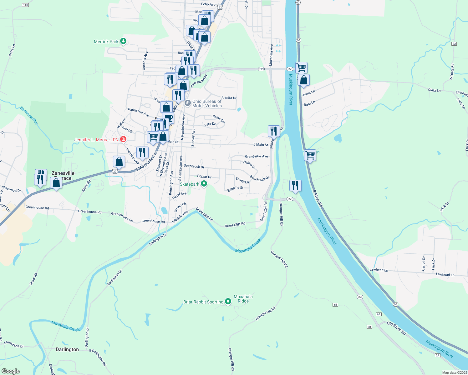 map of restaurants, bars, coffee shops, grocery stores, and more near 98 Williams Street in Zanesville