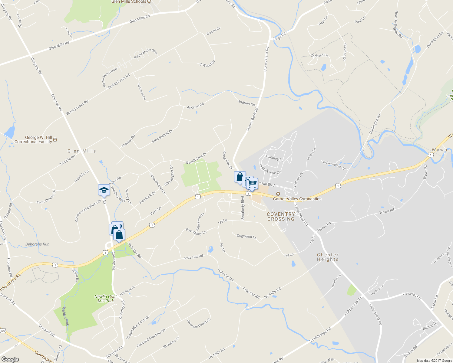 map of restaurants, bars, coffee shops, grocery stores, and more near 231 Baltimore Pike in Glen Mills