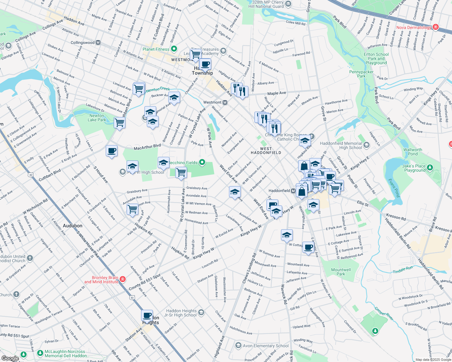 map of restaurants, bars, coffee shops, grocery stores, and more near 409 Peyton Avenue in Haddonfield