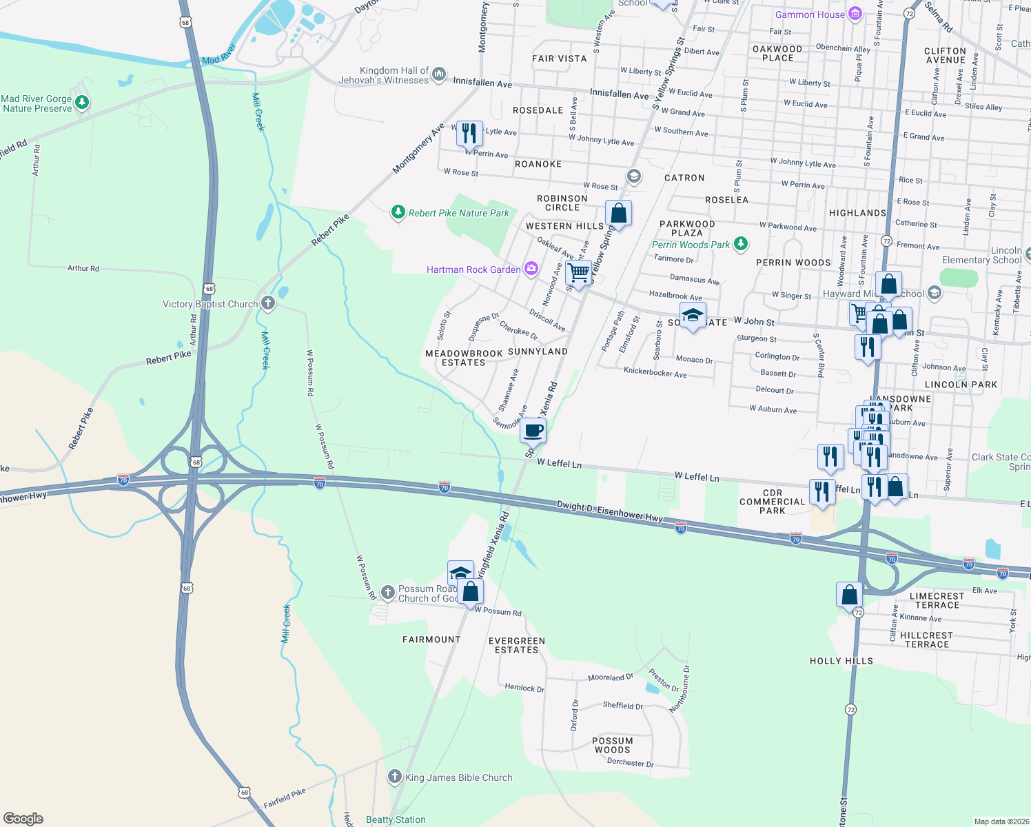 map of restaurants, bars, coffee shops, grocery stores, and more near 2265 Seminole Ave in Springfield