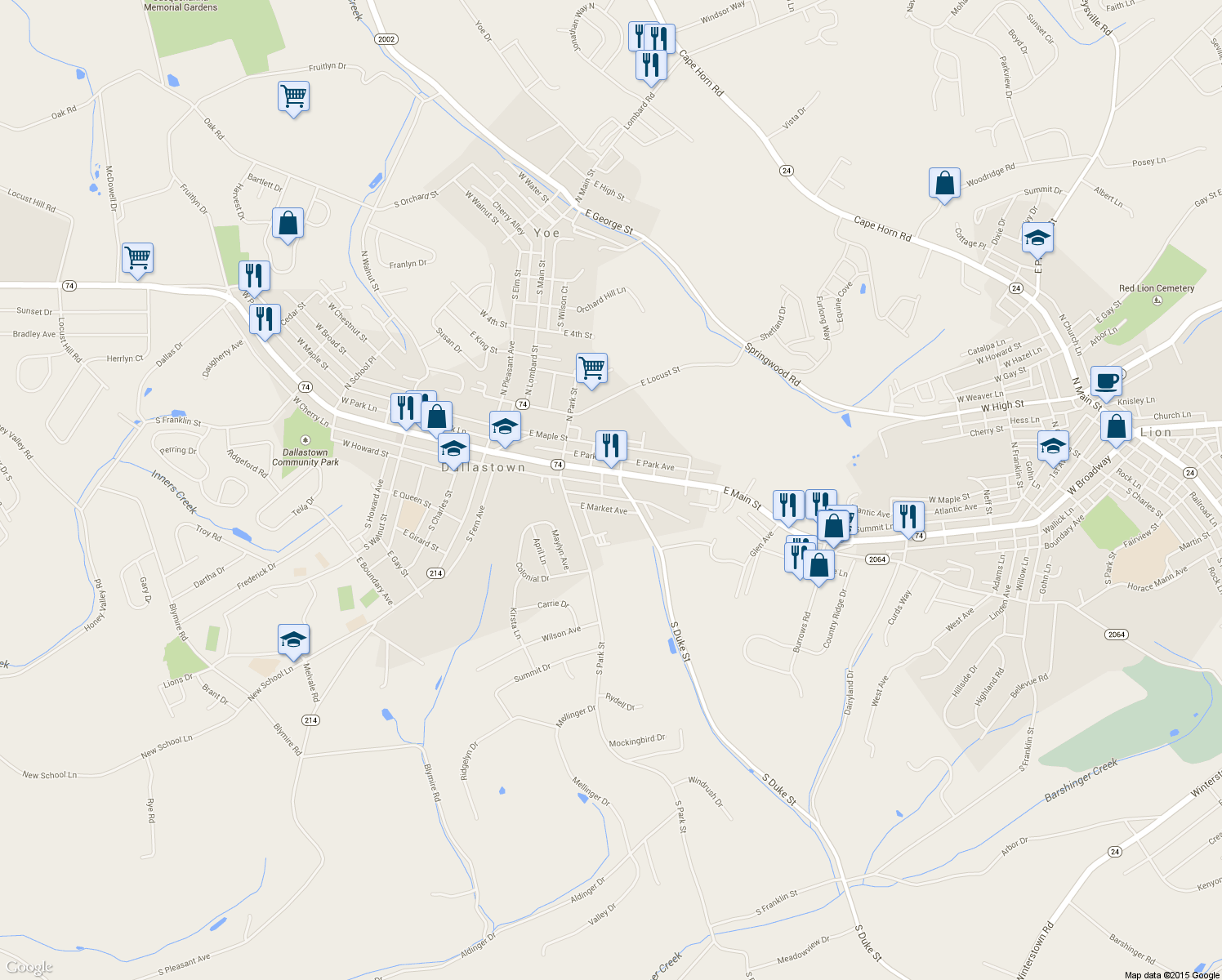 map of restaurants, bars, coffee shops, grocery stores, and more near 71 East Frederick Street in Dallastown