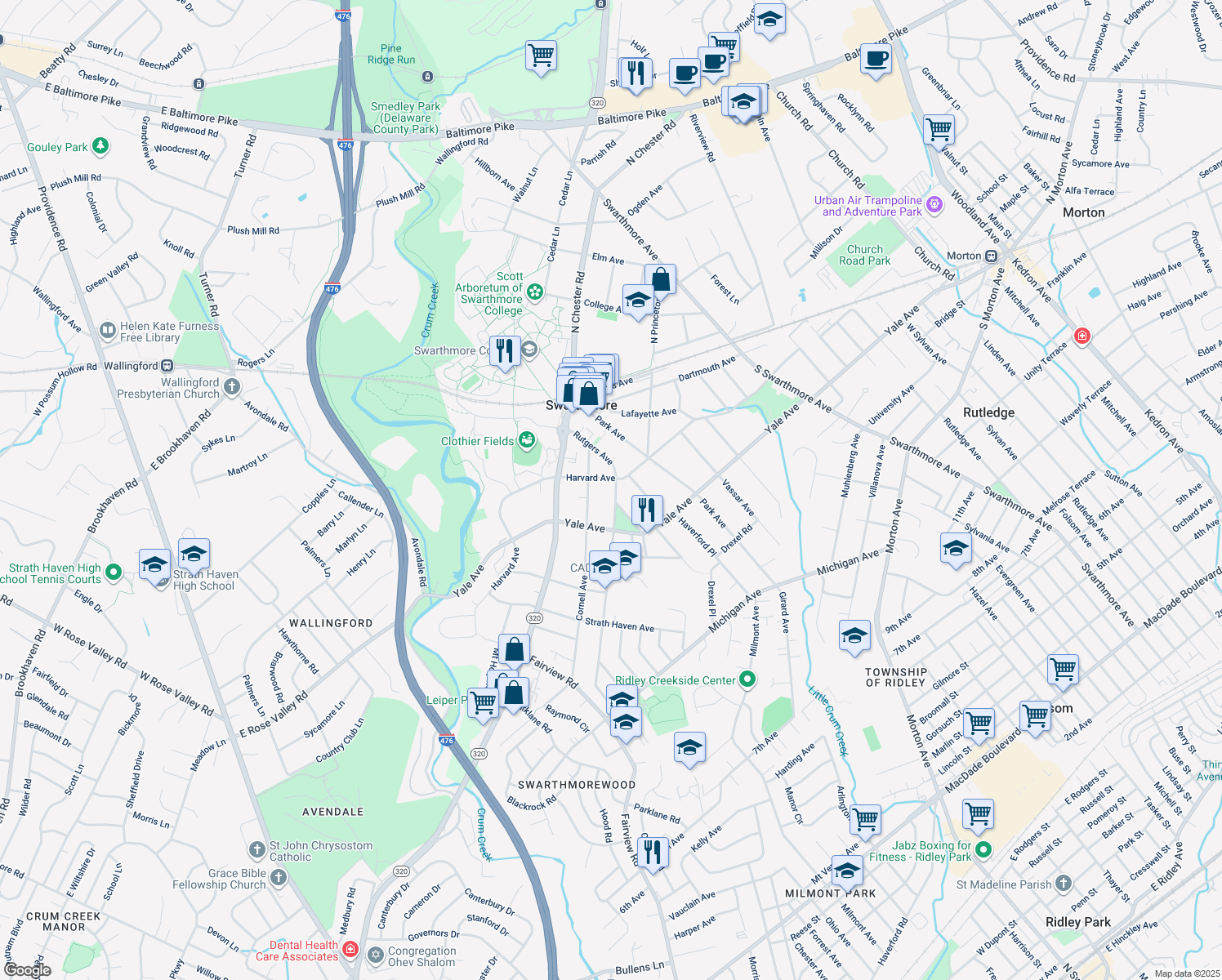 map of restaurants, bars, coffee shops, grocery stores, and more near 208 Rutgers Avenue in Swarthmore