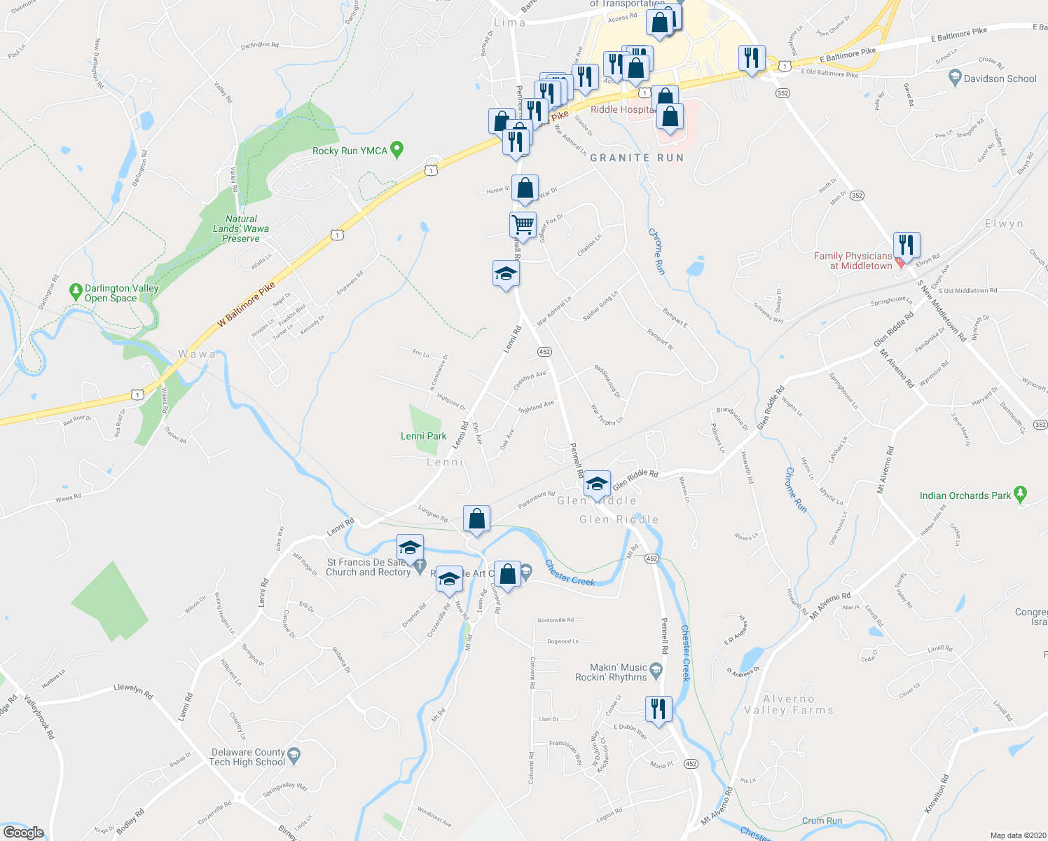 map of restaurants, bars, coffee shops, grocery stores, and more near 264 Oak Avenue in Media