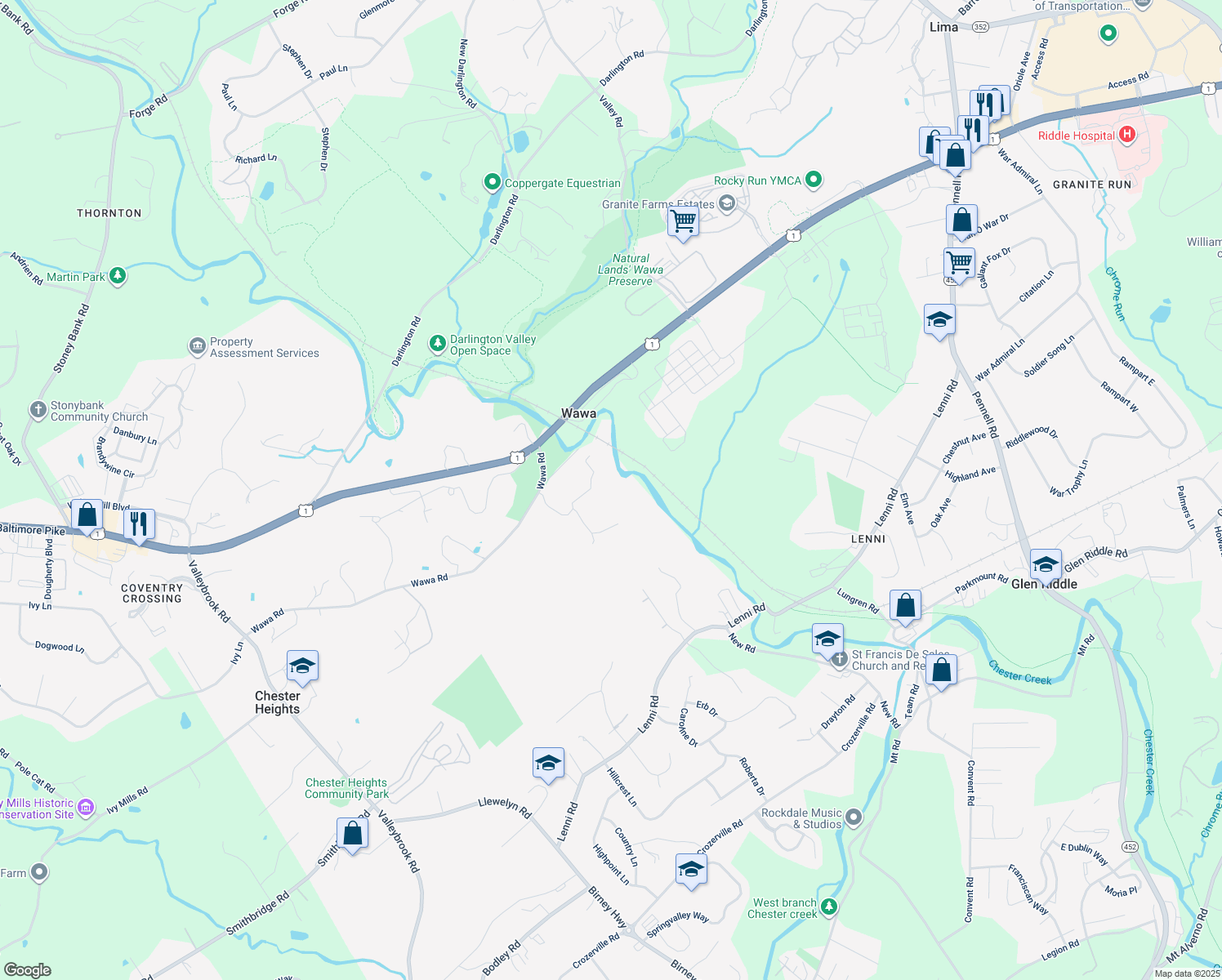 map of restaurants, bars, coffee shops, grocery stores, and more near 526 Station Road in Media