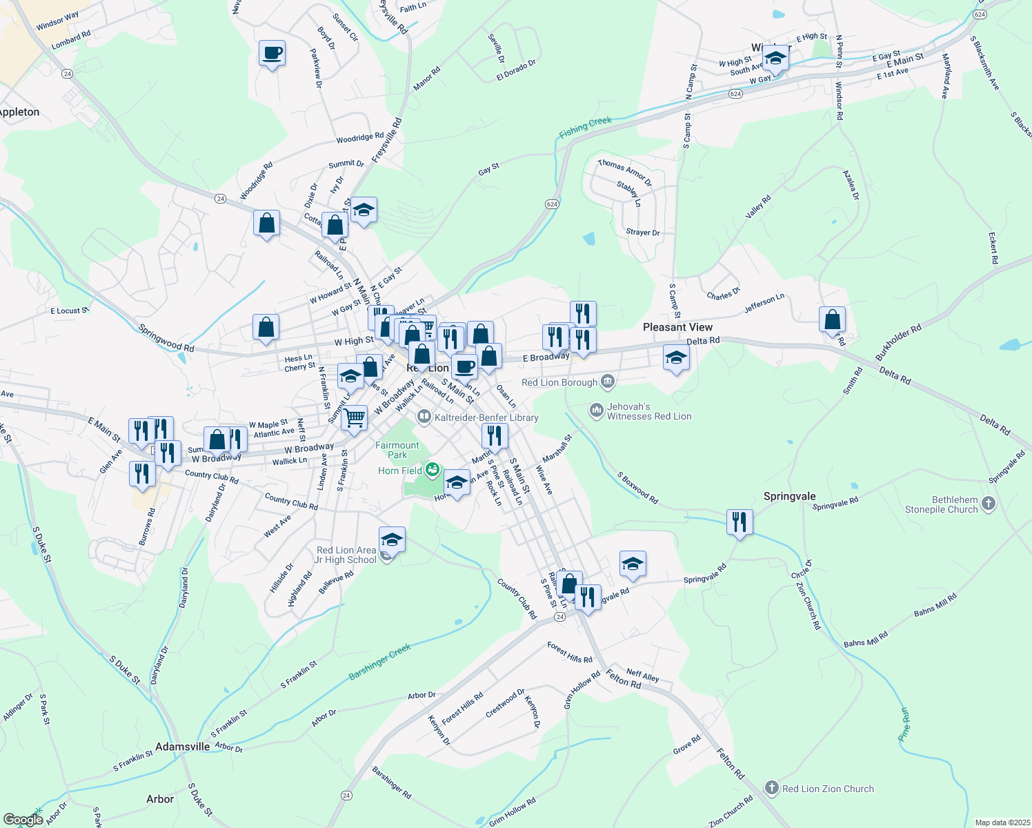 map of restaurants, bars, coffee shops, grocery stores, and more near 311 Wise Avenue in Red Lion
