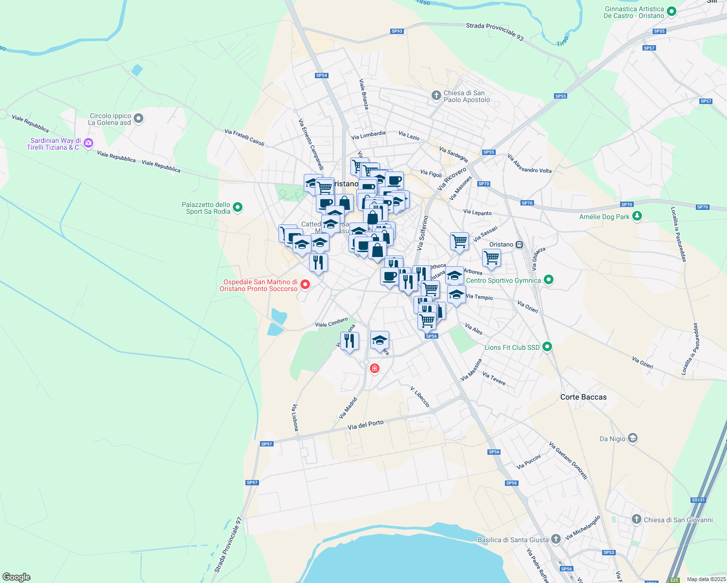 map of restaurants, bars, coffee shops, grocery stores, and more near 11 Viale Cimitero in Oristano