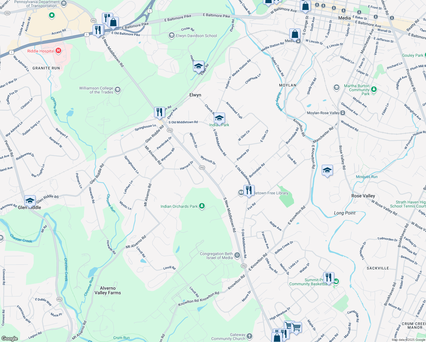 map of restaurants, bars, coffee shops, grocery stores, and more near 3 Wyncroft Dr in Media