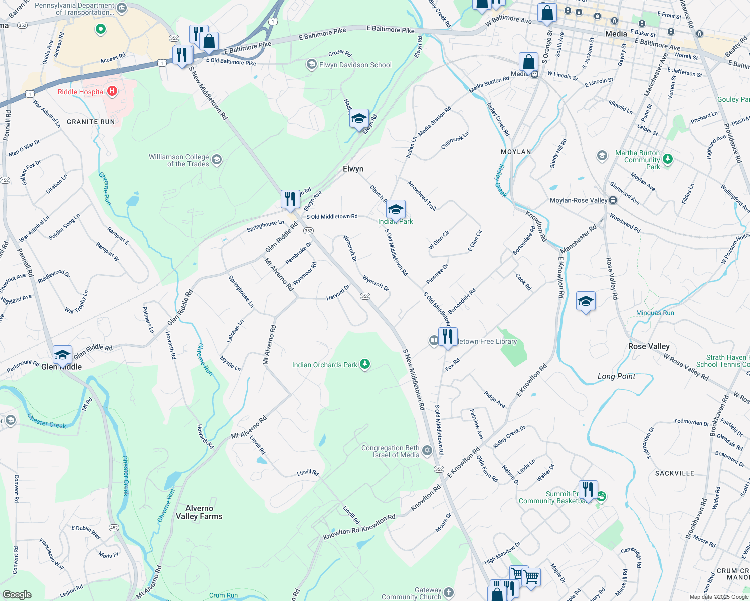 map of restaurants, bars, coffee shops, grocery stores, and more near 2 Wyncroft Drive in Media