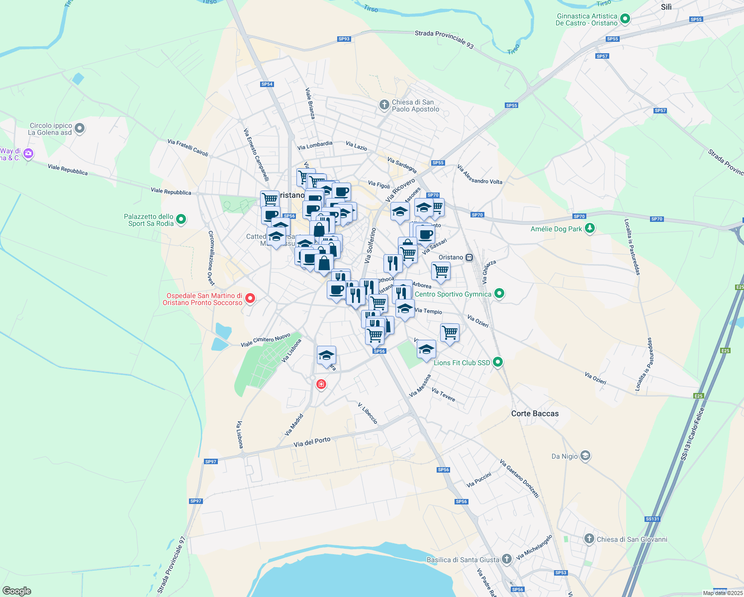 map of restaurants, bars, coffee shops, grocery stores, and more near 3 Via Othoca in Oristano