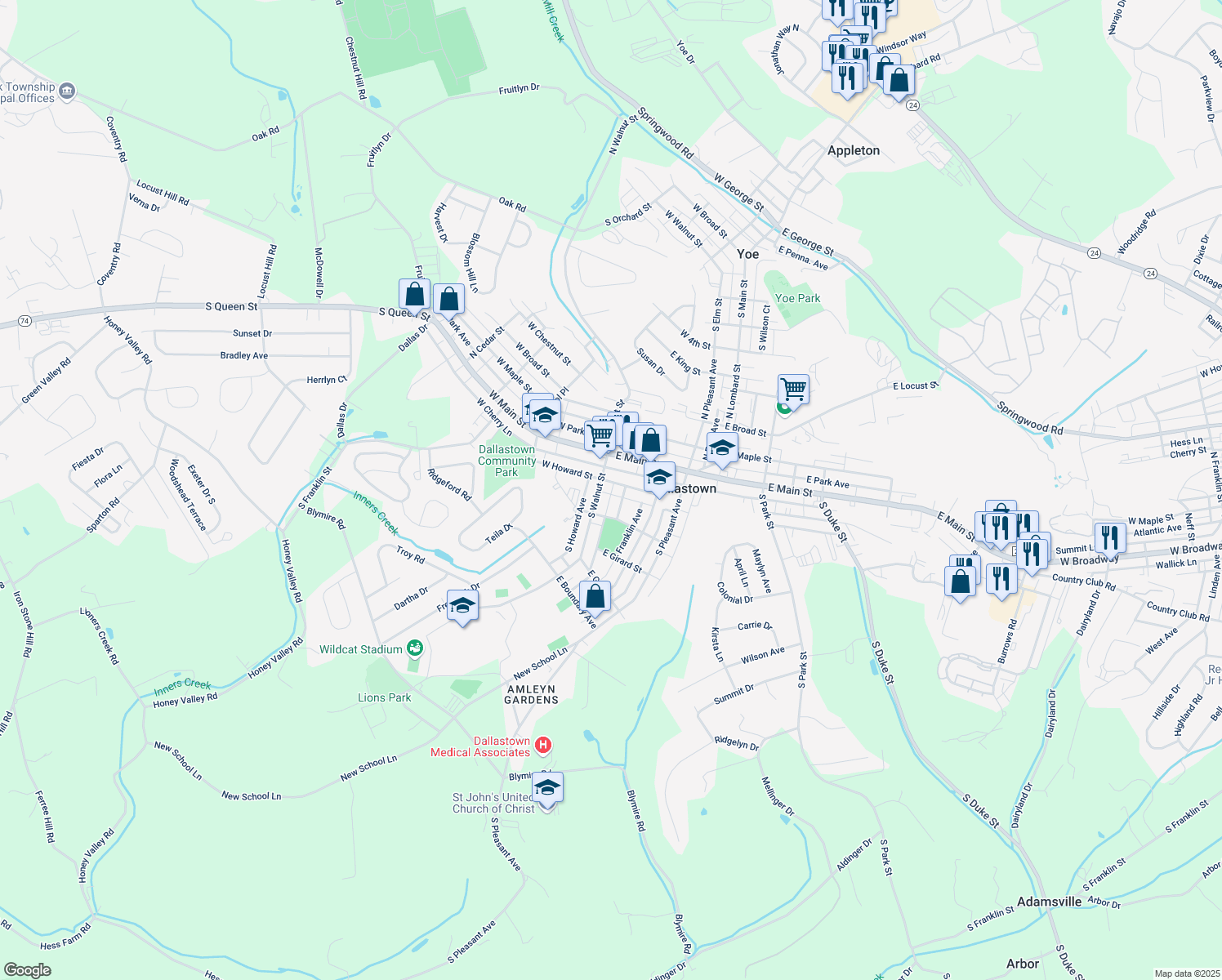 map of restaurants, bars, coffee shops, grocery stores, and more near 14 East Howard Street in Dallastown