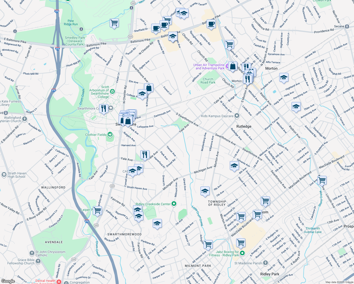 map of restaurants, bars, coffee shops, grocery stores, and more near 313 Dickinson Avenue in Swarthmore