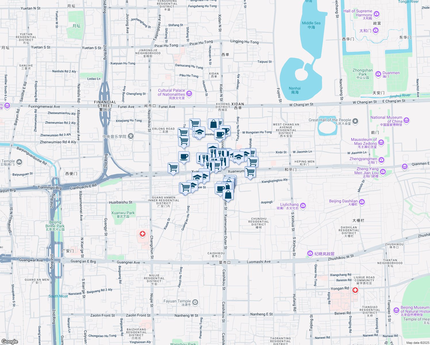 map of restaurants, bars, coffee shops, grocery stores, and more near Xuanwumen West Street in Beijing