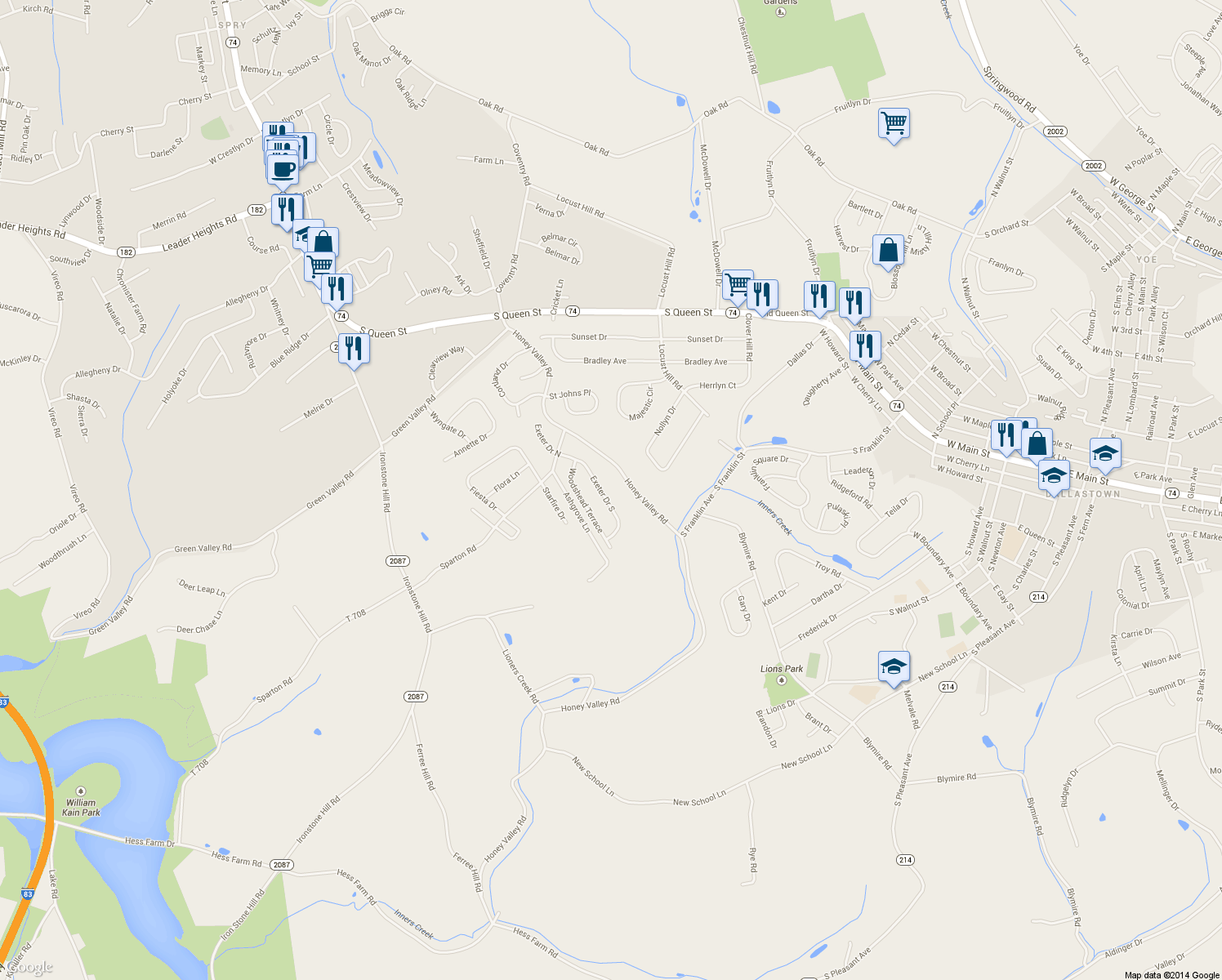 map of restaurants, bars, coffee shops, grocery stores, and more near 2945 Exeter Drive South in York