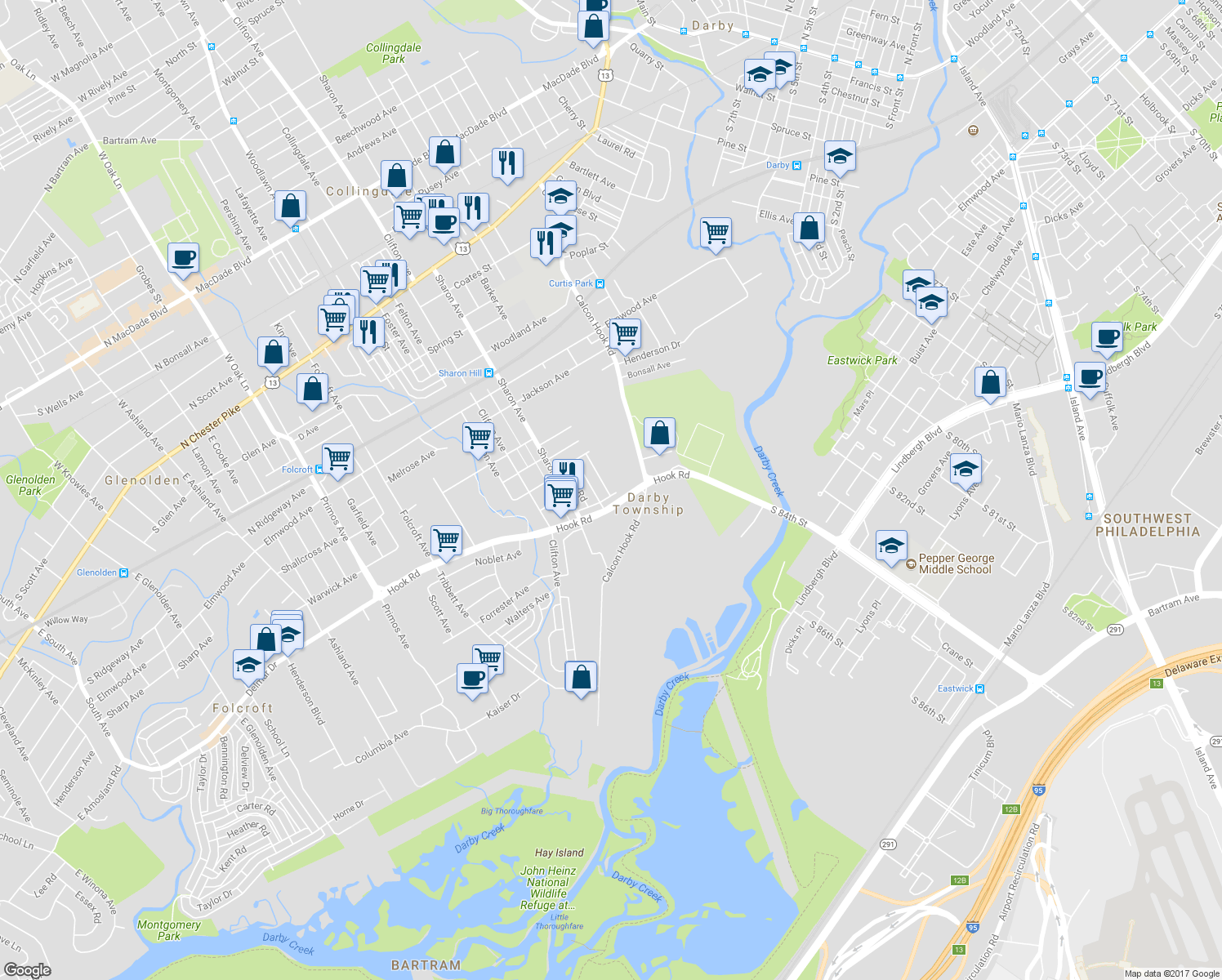 map of restaurants, bars, coffee shops, grocery stores, and more near 1035 Barker Road in Sharon Hill