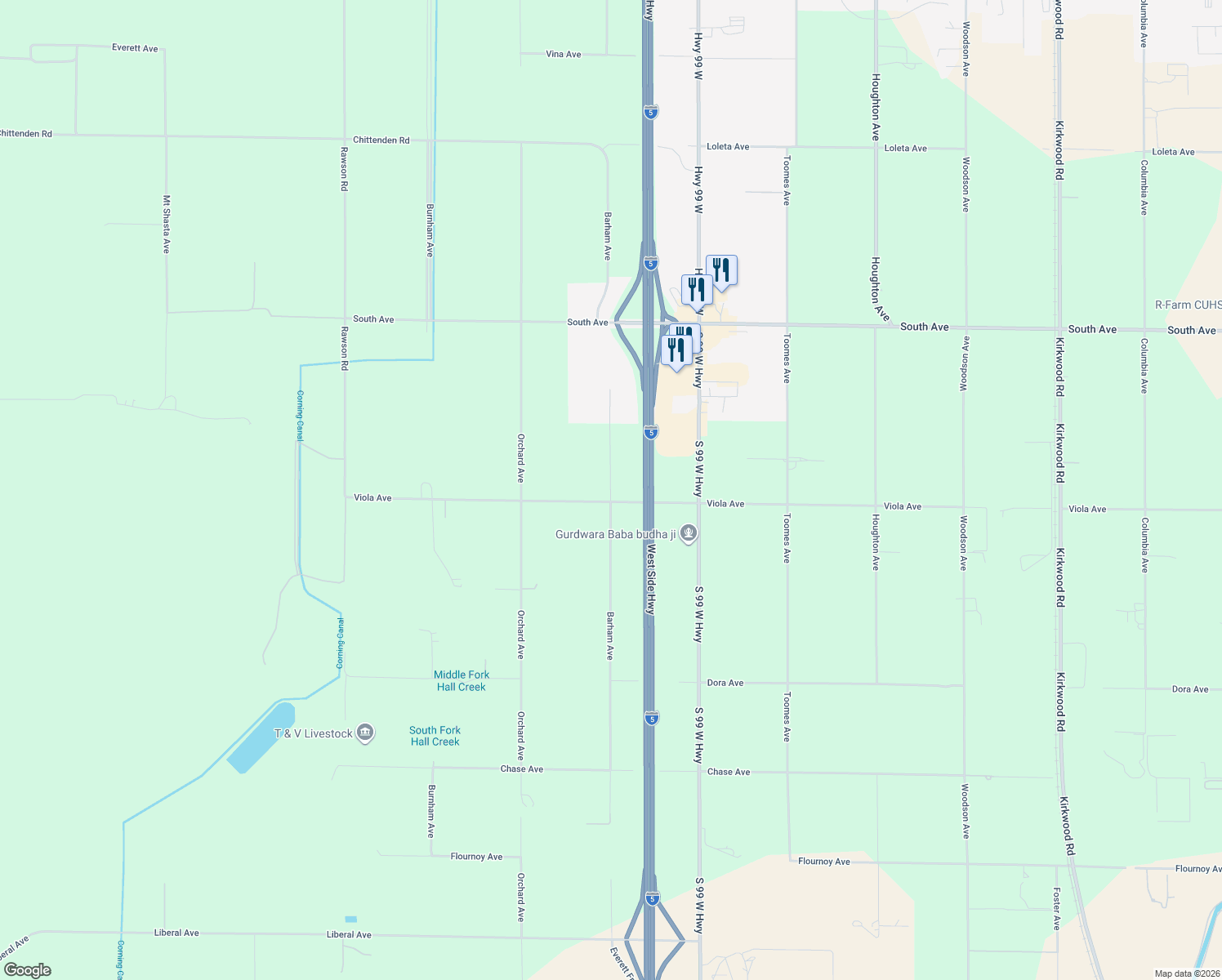 map of restaurants, bars, coffee shops, grocery stores, and more near 3516 Barham Avenue in Corning