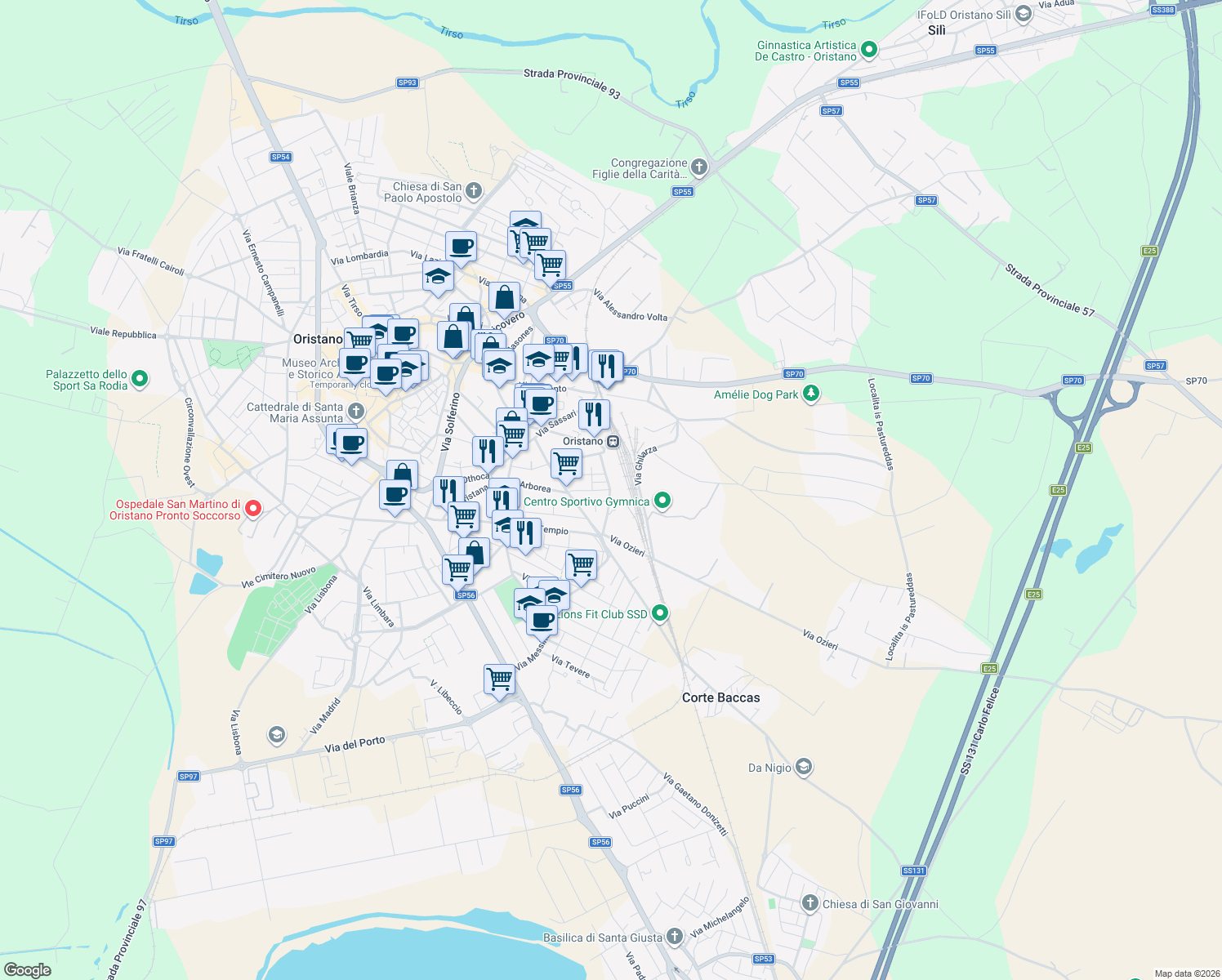 map of restaurants, bars, coffee shops, grocery stores, and more near 12 Via Nuoro in Oristano