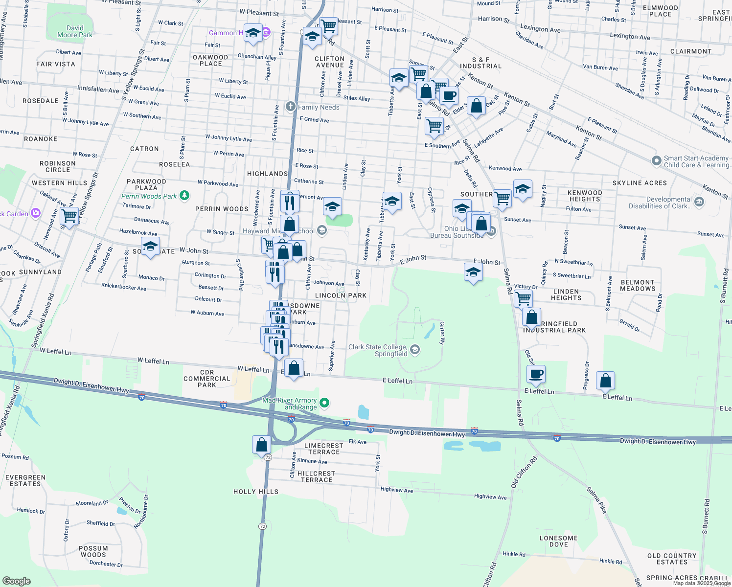 map of restaurants, bars, coffee shops, grocery stores, and more near 1913 Michigan Avenue in Springfield
