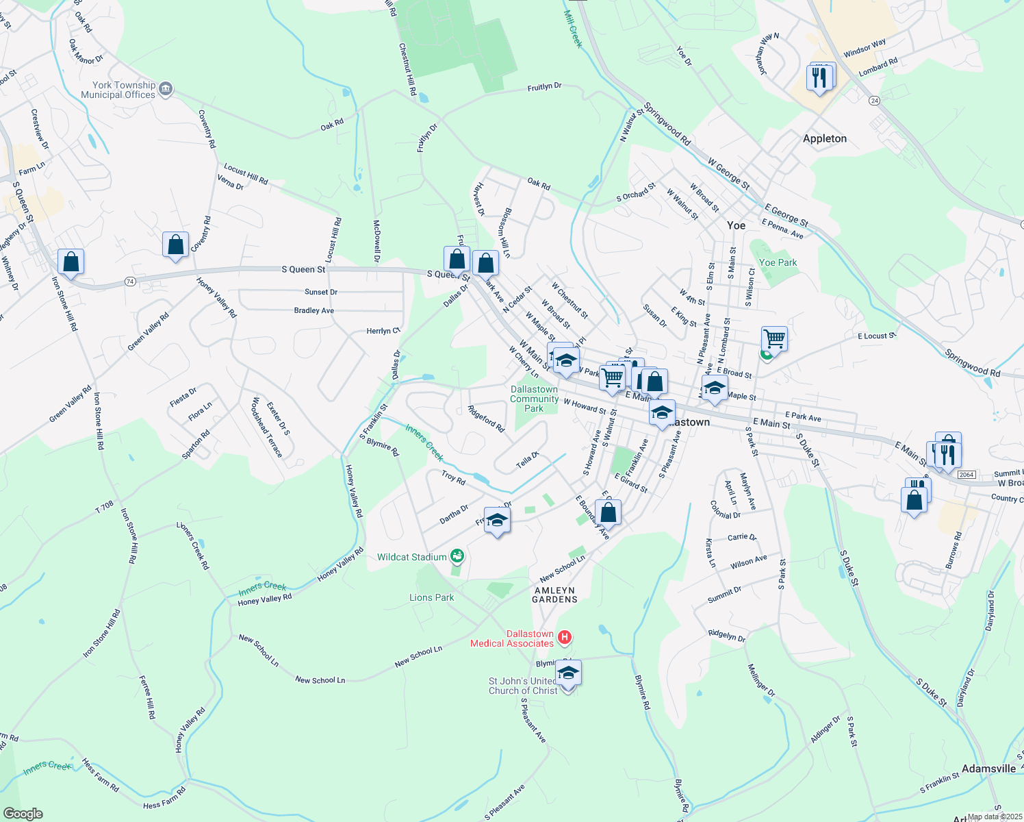 map of restaurants, bars, coffee shops, grocery stores, and more near 229 Leaderton Drive in Dallastown