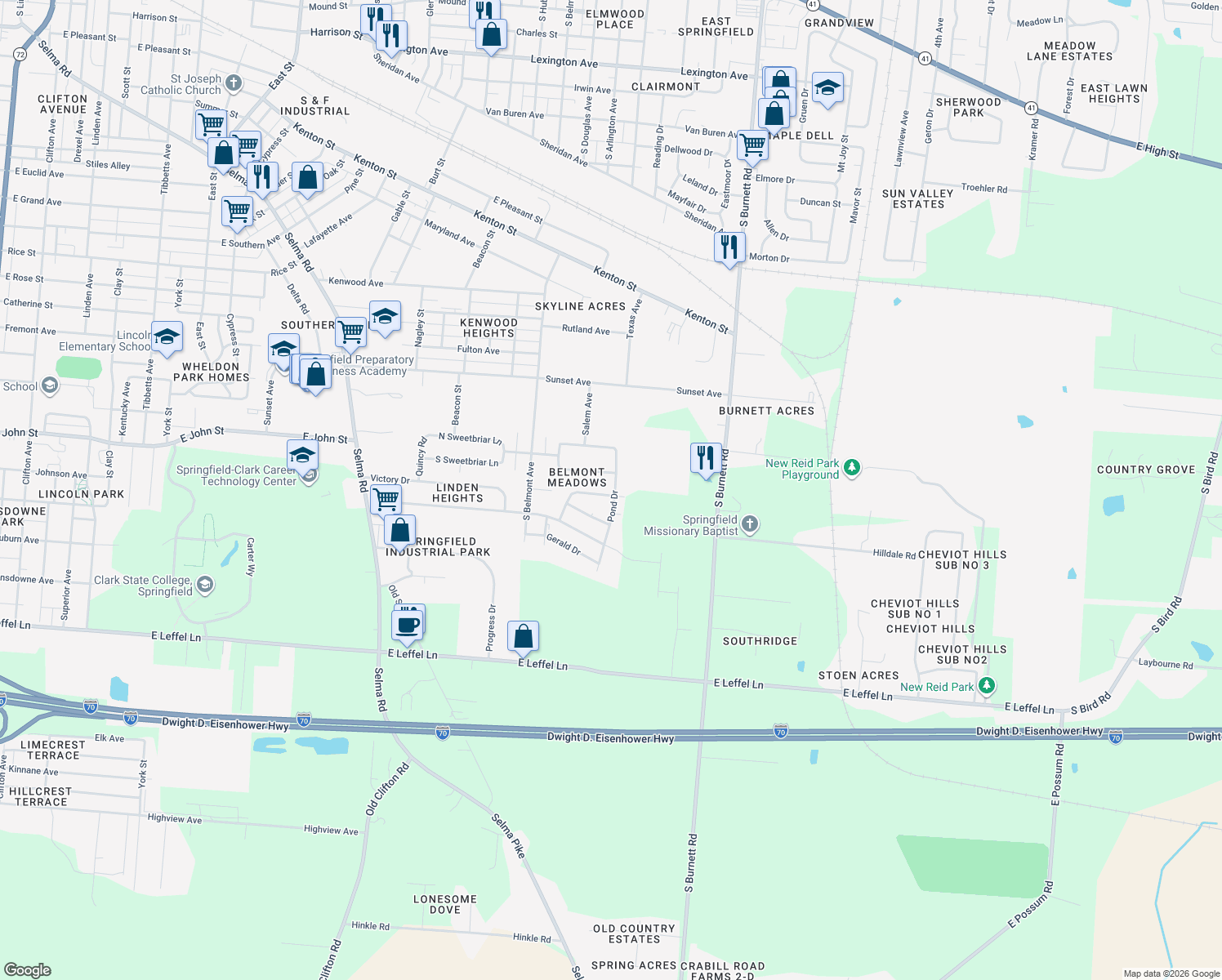 map of restaurants, bars, coffee shops, grocery stores, and more near 1905 Pond Drive in Springfield